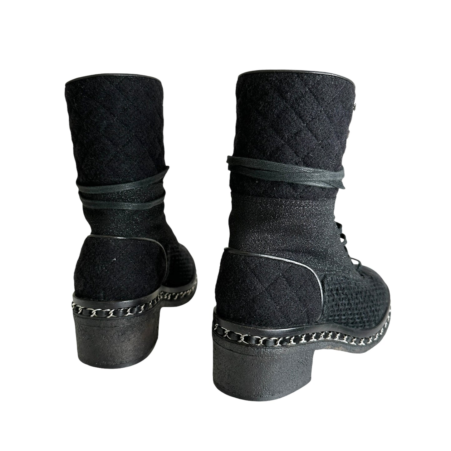 Black Tweed Combat Boots - 9