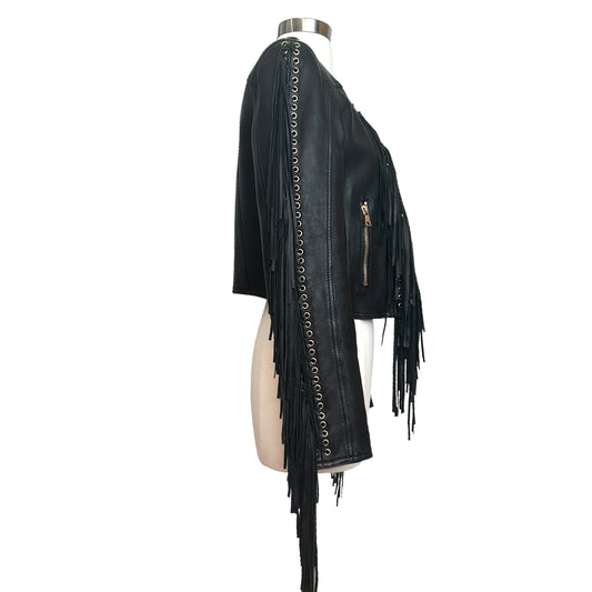 Black Leather Fringes Jacket - S