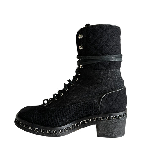 Black Tweed Combat Boots - 9