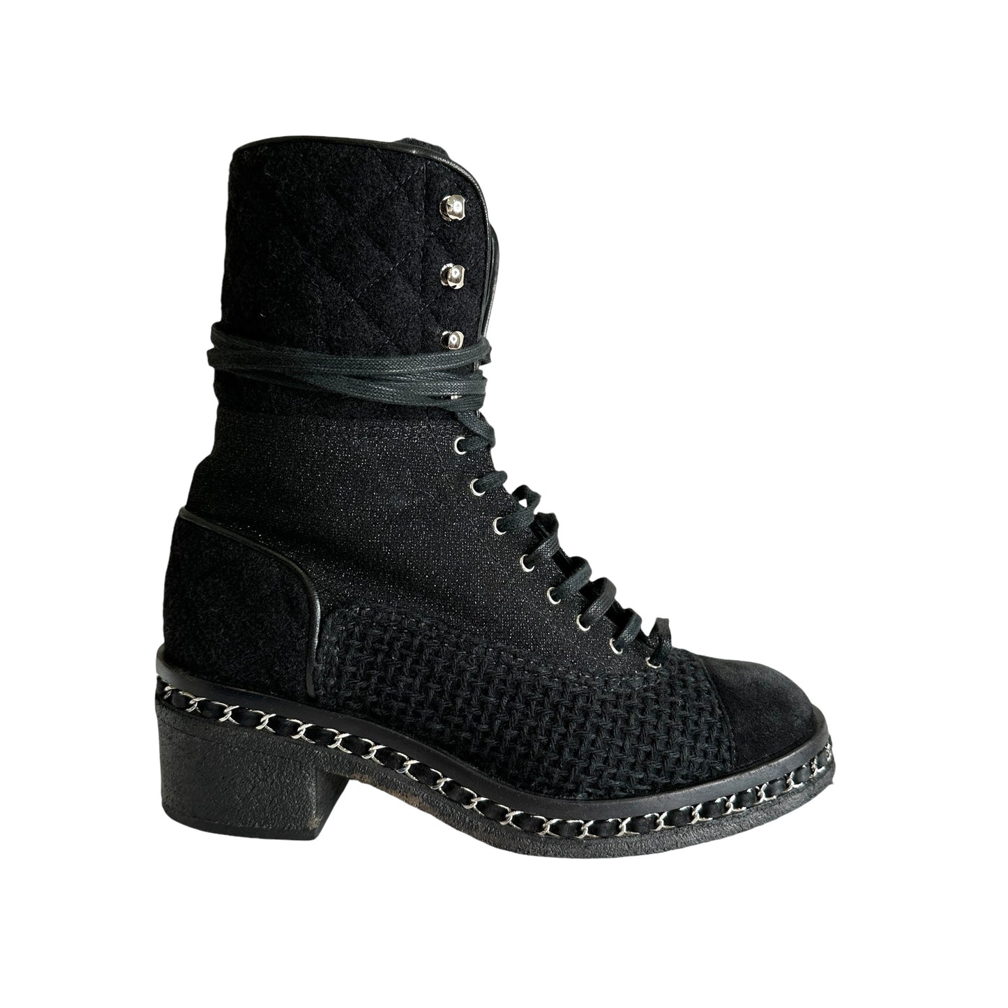 Black Tweed Combat Boots - 9