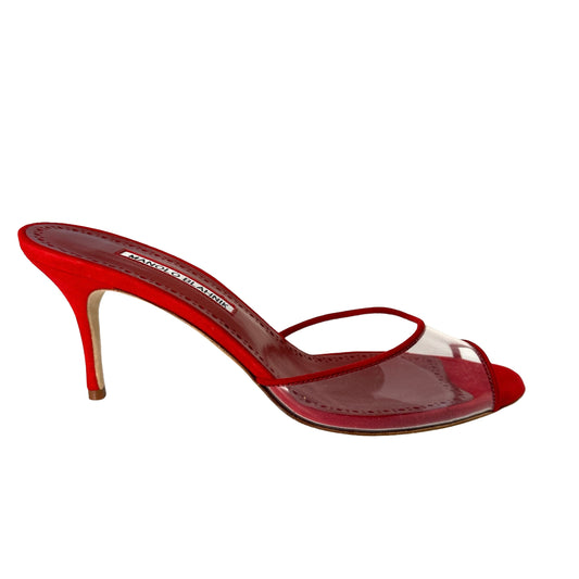 Red Suede & Plexi Mules - 9.5