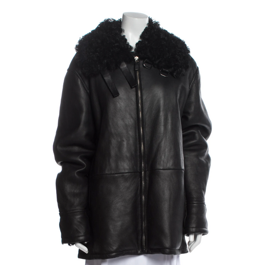 Black Leather & Fur Coat - L