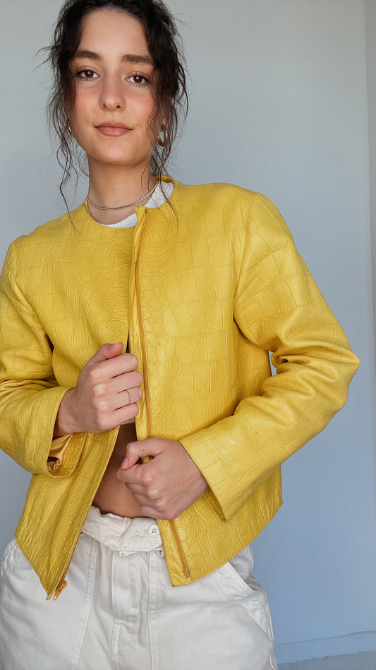 Yellow Embossed Leather Jacket - M