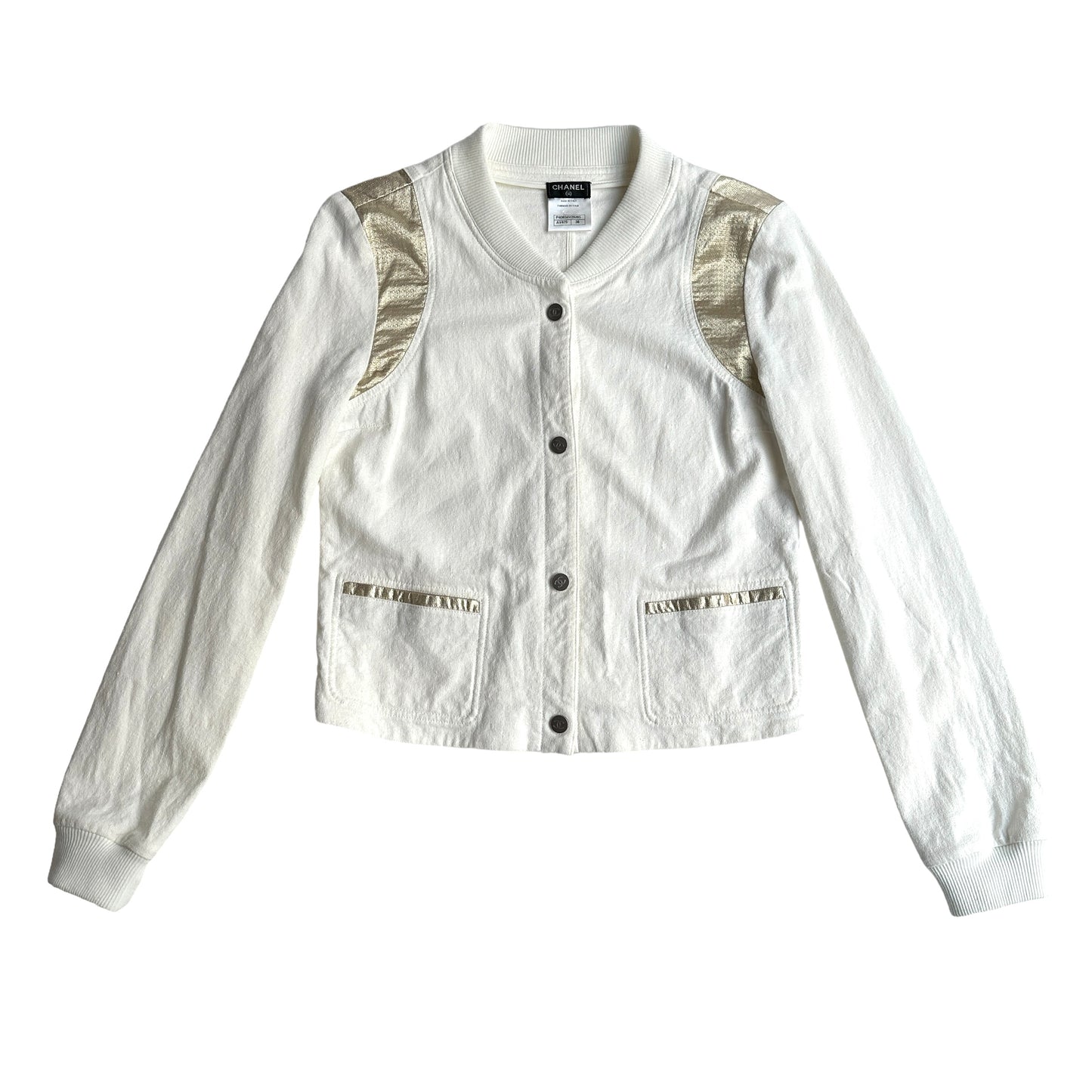 Vintage White Bomber with Gold Leather Details - S