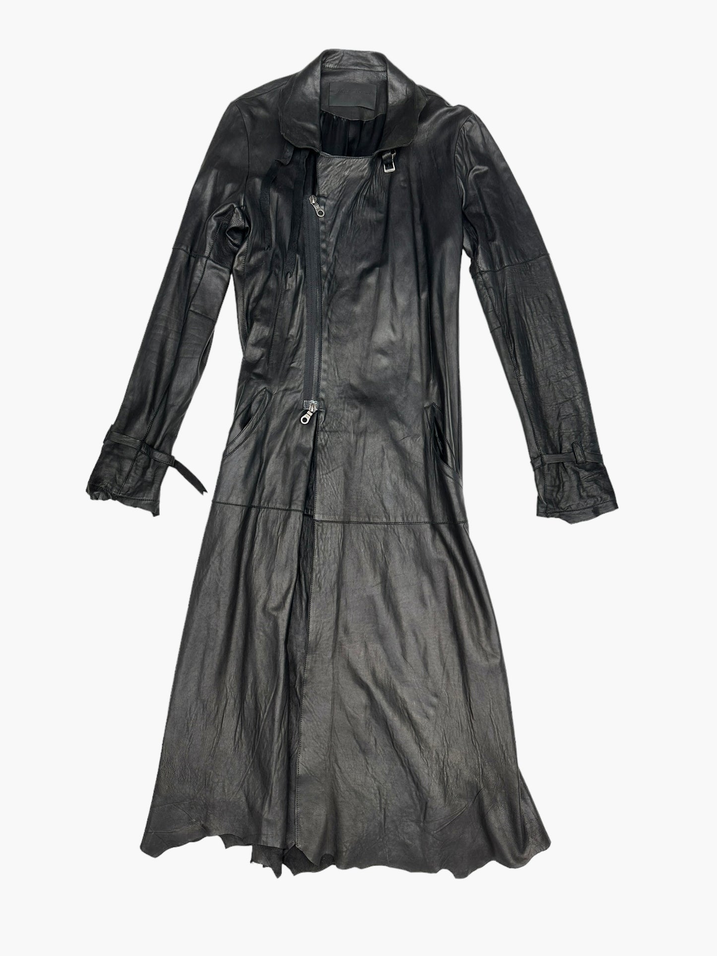 Black Long Leather Coat - M