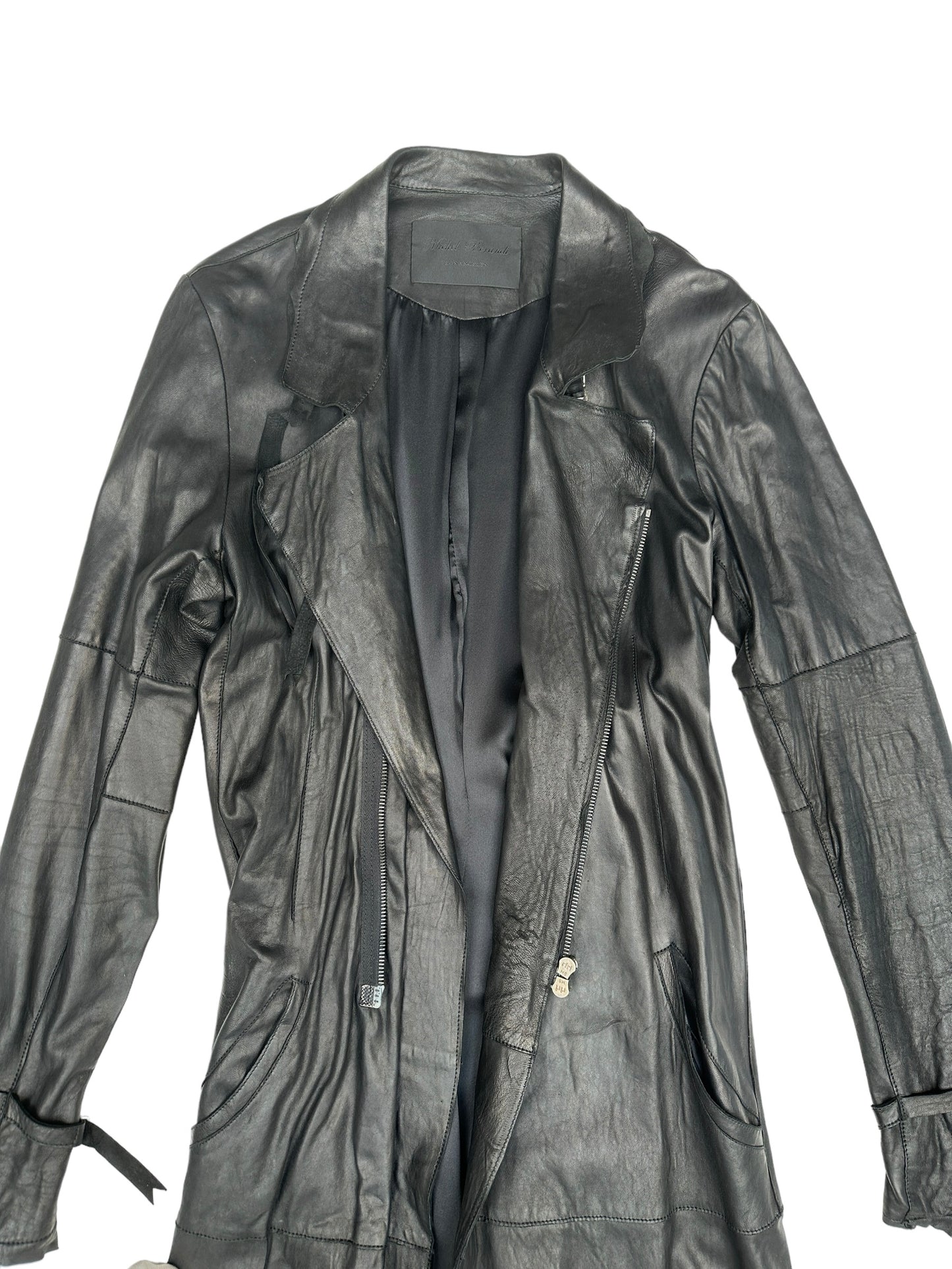 Black Long Leather Coat - M