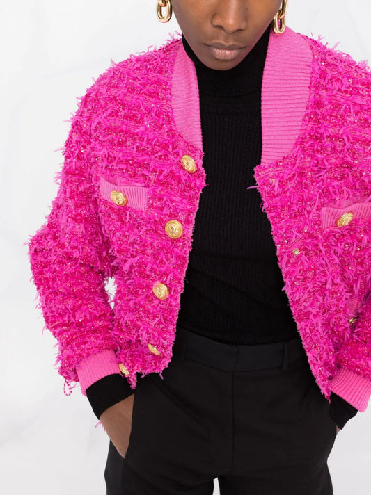 Metallic Pink Tweed Bomber - S