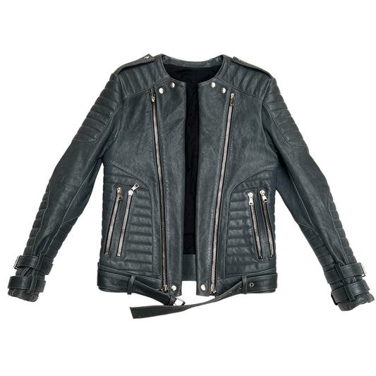 Grey Leather Moto Jacket - S