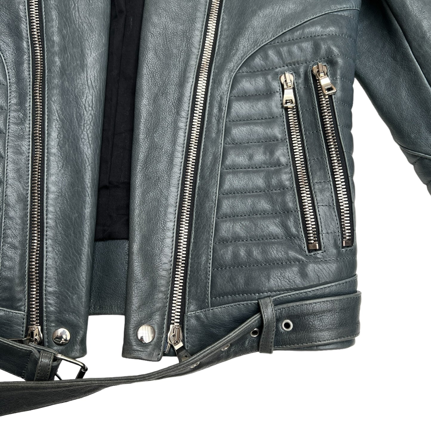 Grey Leather Moto Jacket - S