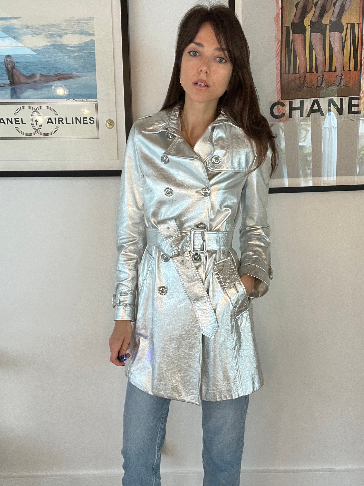 Silver Leather Trench Coat - US6