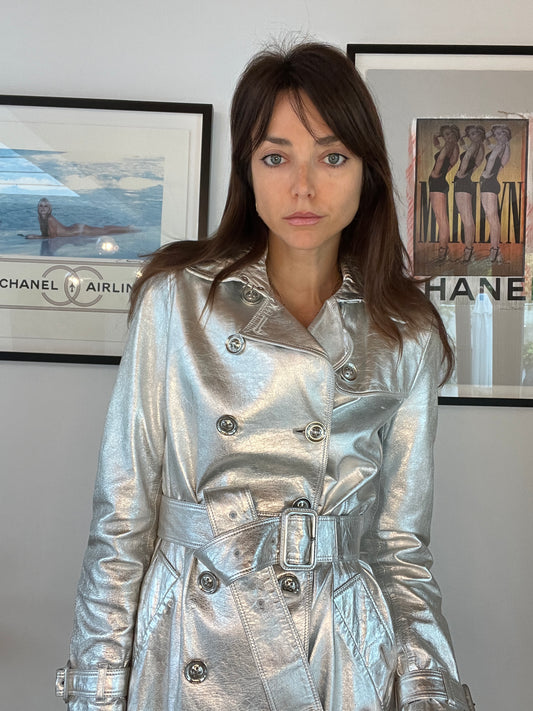 Silver Leather Trench Coat - US6