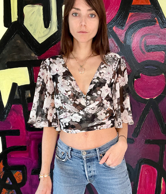 Silk Cropped Flowery Top - M