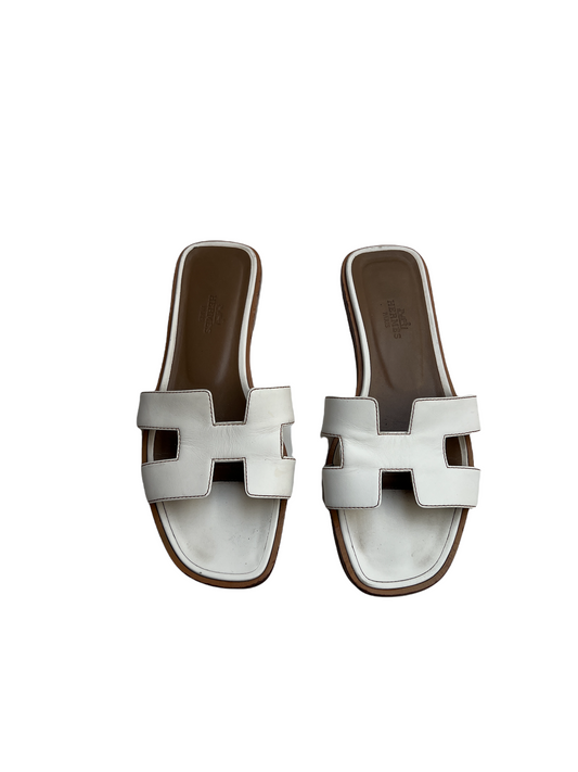 White Leather Oran Slides - 6.5