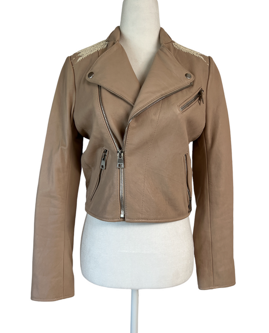 Cream Moto Leather Jacket - M