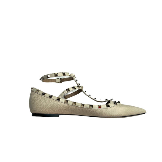 Rockstud Beige Leather Flats - 10.5