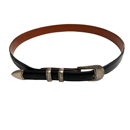 Men Black Leather Belt with Silver Hardware - 38