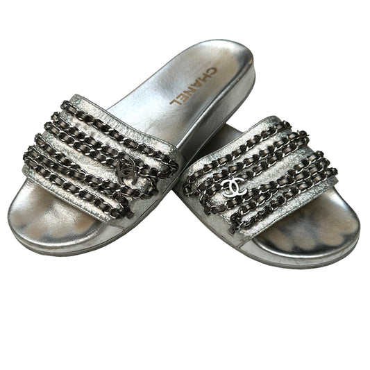 Silver Logo Leather Slides - 8