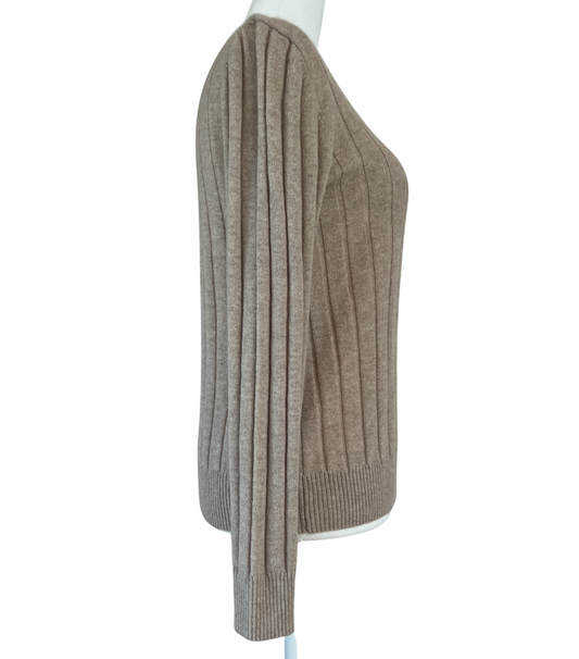 Beige Ribbed Cashmere Crewneck Sweater - S