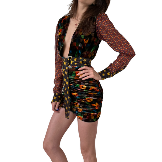 Velvet Multicolor Mini Dress - XXS