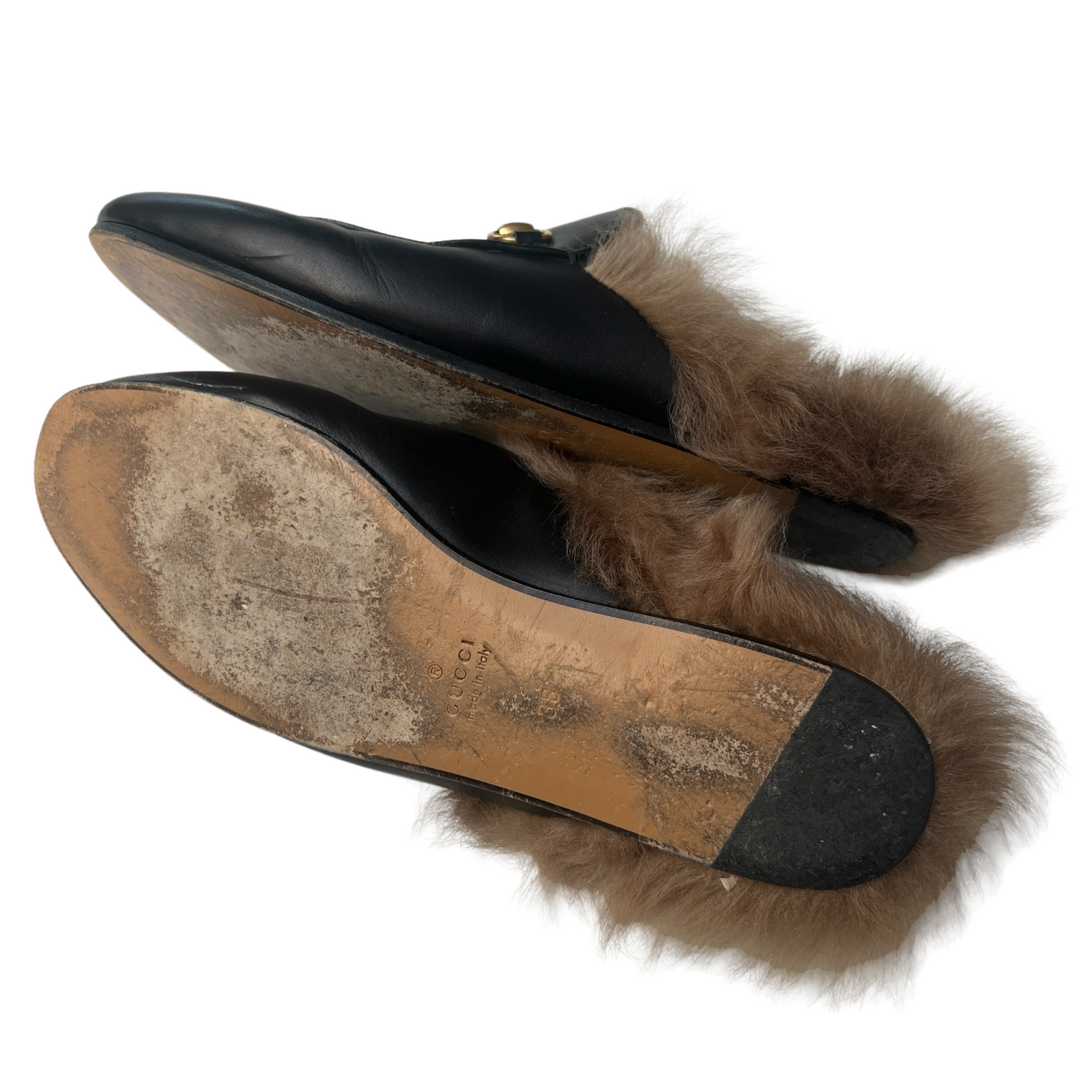 Black Leather Princetown Slides w/Fur - 8