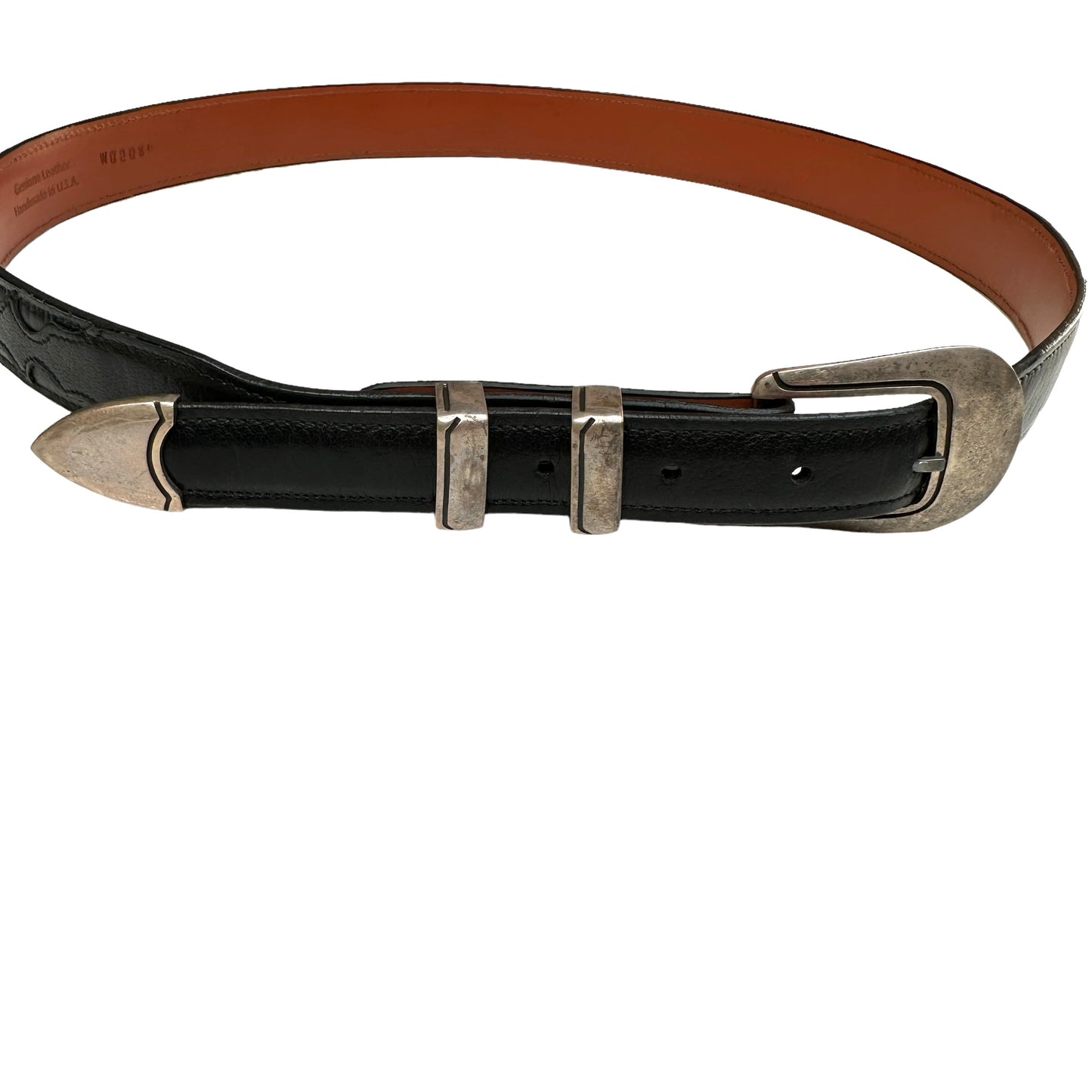 Men Black Leather Belt with Silver Hardware - 38