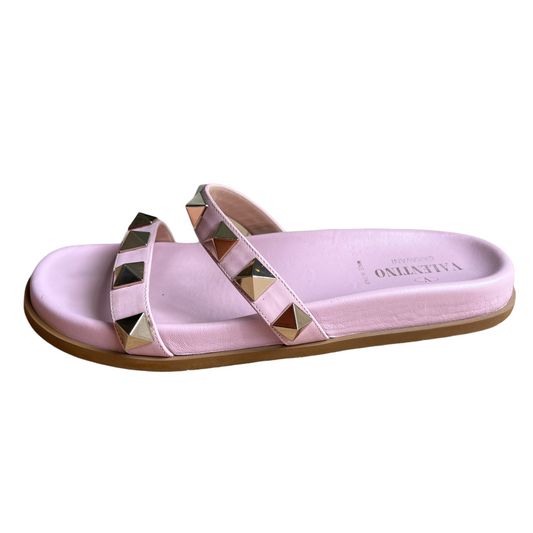 Pink Leather Giant Rockstud Slides - 10