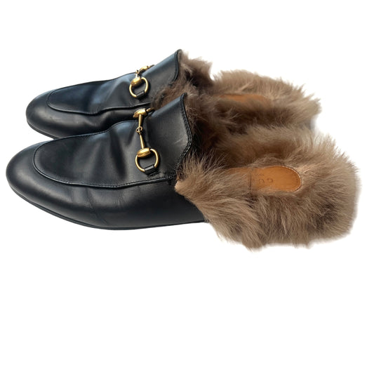 Black Leather Princetown Slides w/Fur - 8
