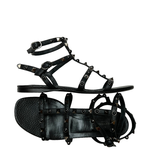 Rockstud Black Leather Sandals - 7