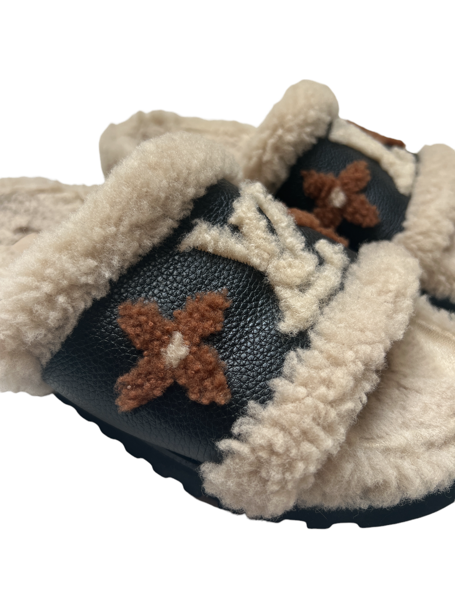 Louis Vuitton Two Tone Leather and Shearling Fur Paseo Slides Size 38