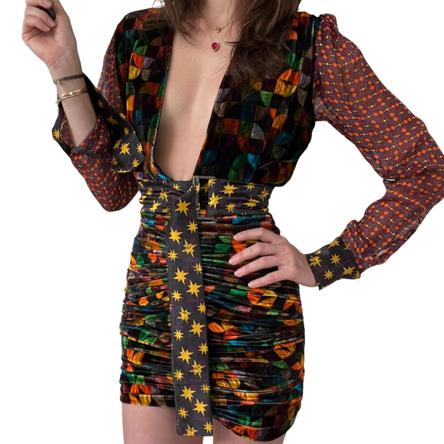 Velvet Multicolor Mini Dress - XXS