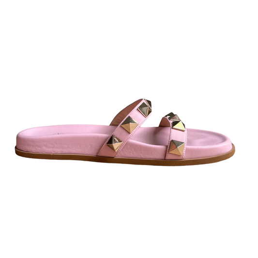 Pink Leather Giant Rockstud Slides - 10