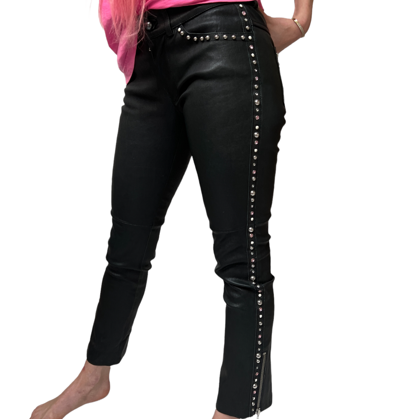 Black Leather Pants with Rhinestones - XS
