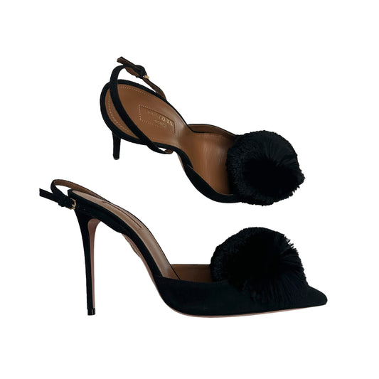 Black Suede Heels w/Pom Poms - 10