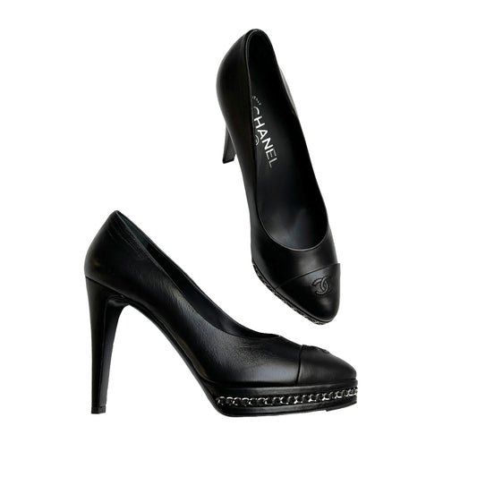 Black Leather Heels w/Chains - 8.5