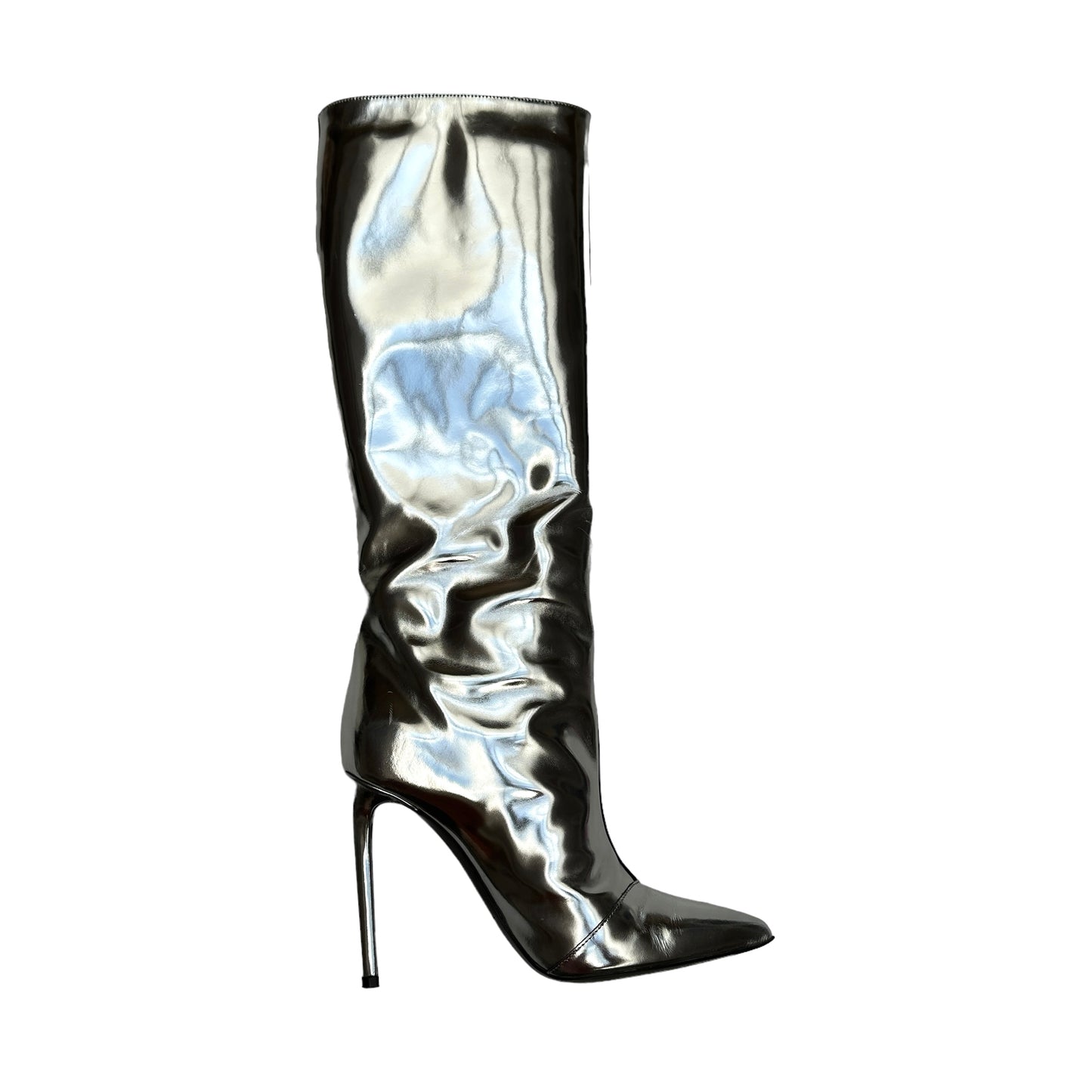 Silver Leather Tall Heeled Boots - 7