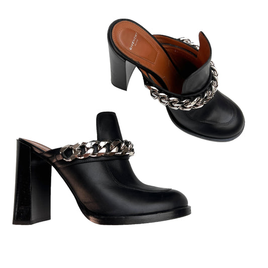 Black Heeled Mules w/Chains - 10.5