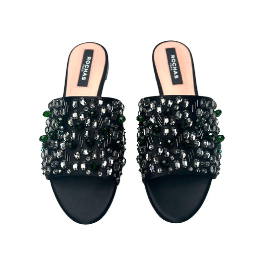 Crystal Embellished Black Slides - 8.5